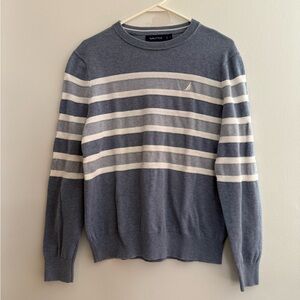 Nautica Women's Blue and White Striped Crewneck Coastal Sweater 100% Cotton